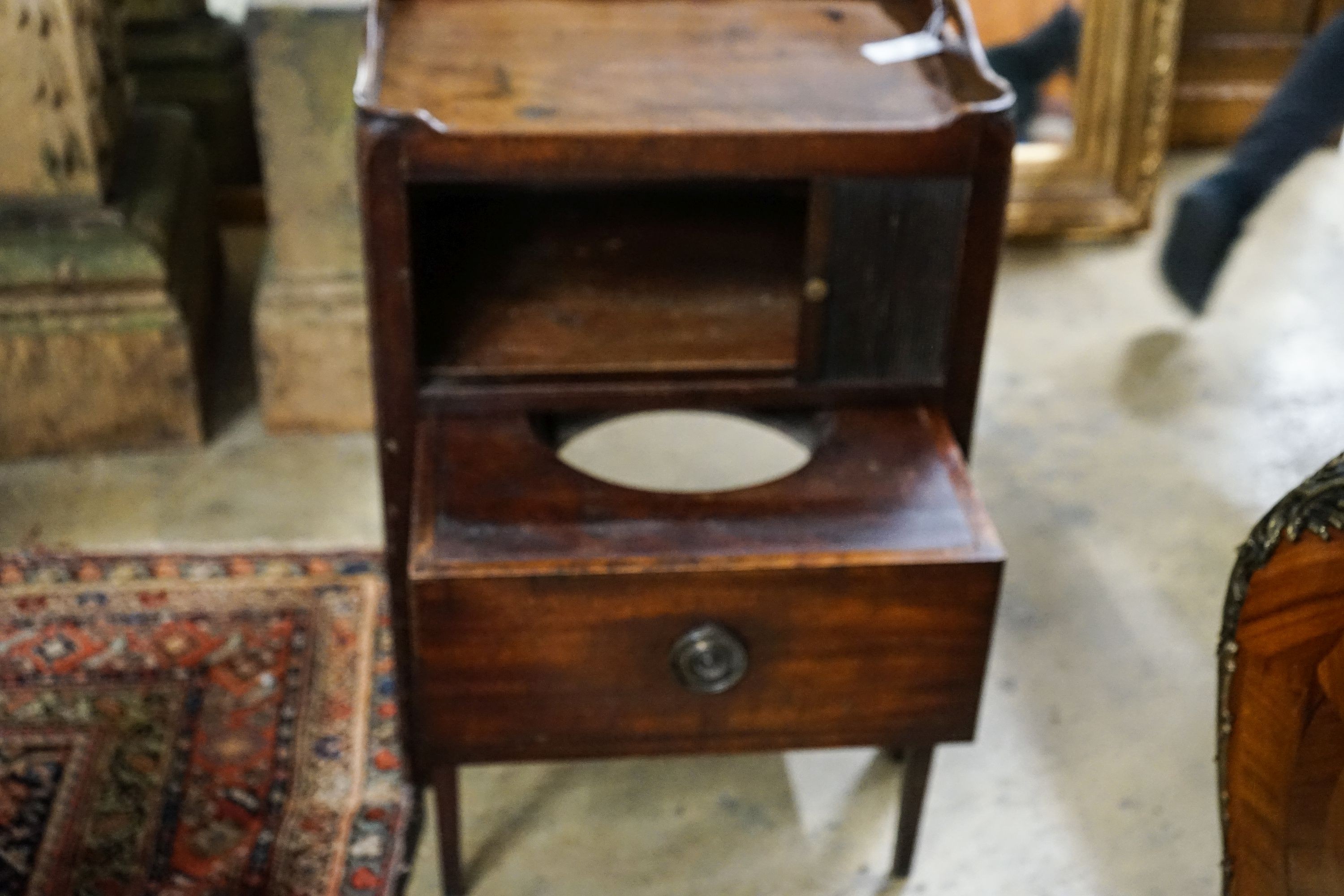 A George III mahogany tray top commode, with tambour compartment, width 56cm, depth 46cm, height 72cm